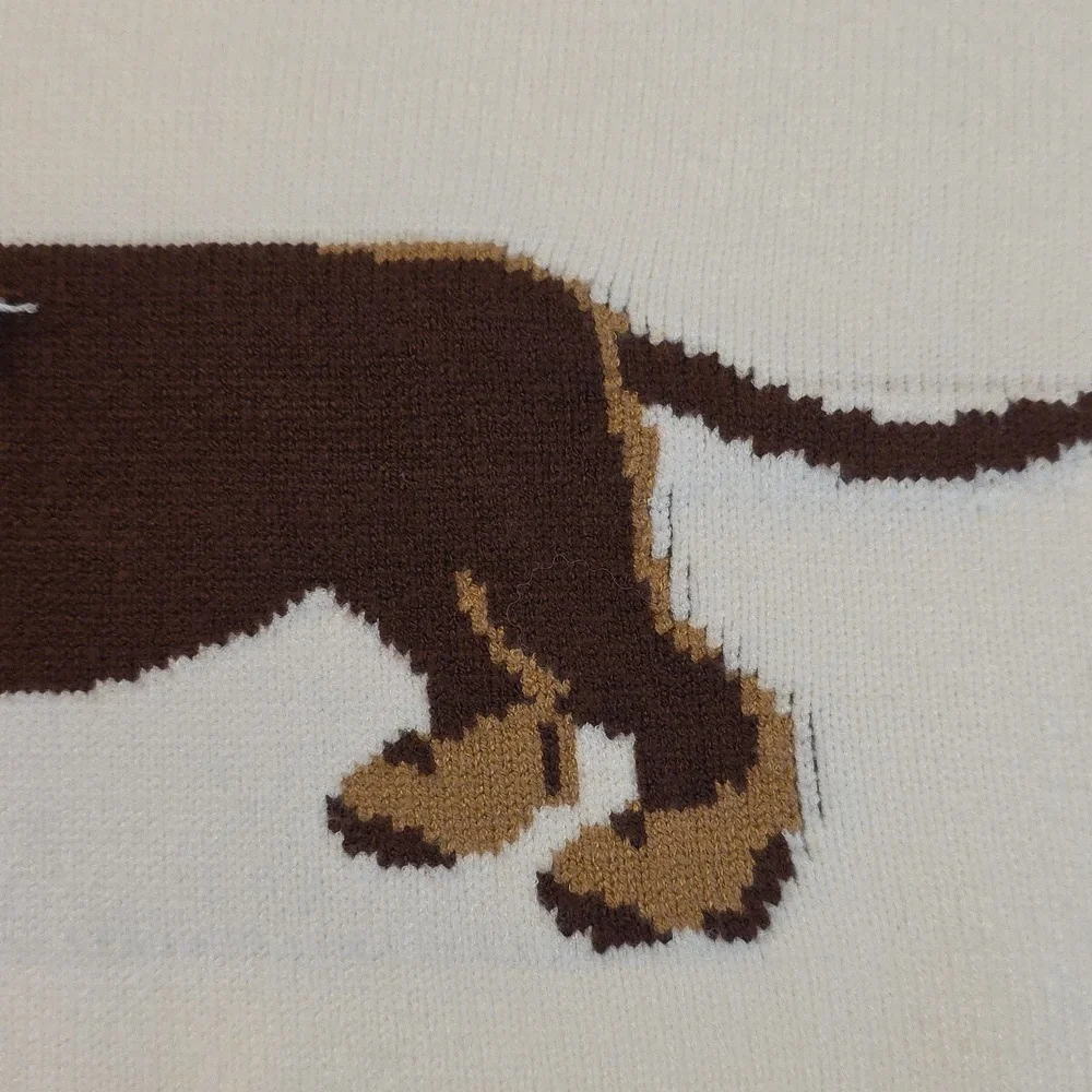 Calligraphie Dachshund Dog Intarsia Knit Crew Neck Sweater Cream Brown Medium - Picture 6 of 17